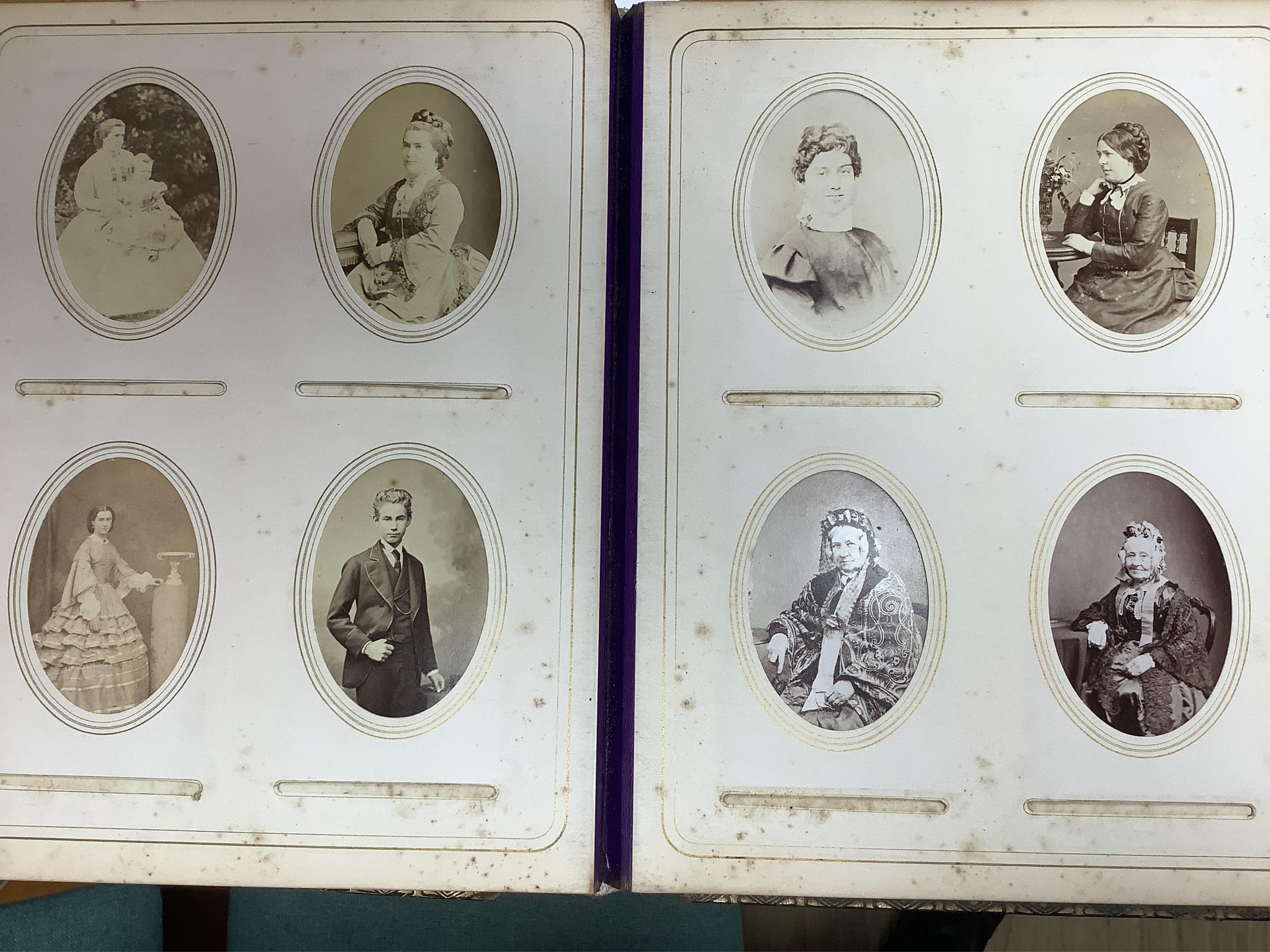 A Victorian malachite mounted amboyna family photograph album, 23cm x 30cm